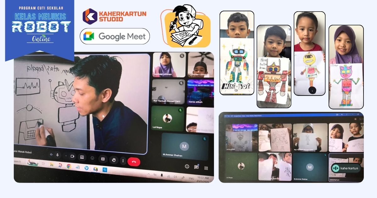 Hasil kreativiti seni watak ciptaan yang dilukis oleh peserta kanak-kanak dalam Kelas Melukis Robot secara online anjuran Kaherkartun Studio